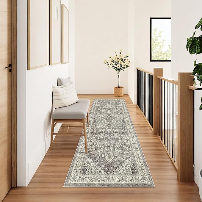 WITSHOCK Boho Area Rugs Machine Washable for Living Room Bedroom, 2x6 Vintage Non-Slip Stain Resistant Floor Carpet Indoor for Bedroom Kitchen Entryway Bathroom, Brown Lvory