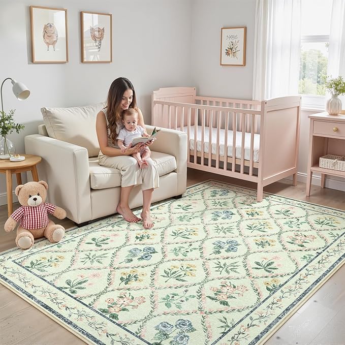 Green Nursery Rug for Baby Girl, 5x7 Washable Boho Floral Area Rug for Living Room, Cute Ultra-Thin Non Slip Indoor Girls Room Decor Carpet for Nursery Kids Room Bedroom Playroom Dorm
