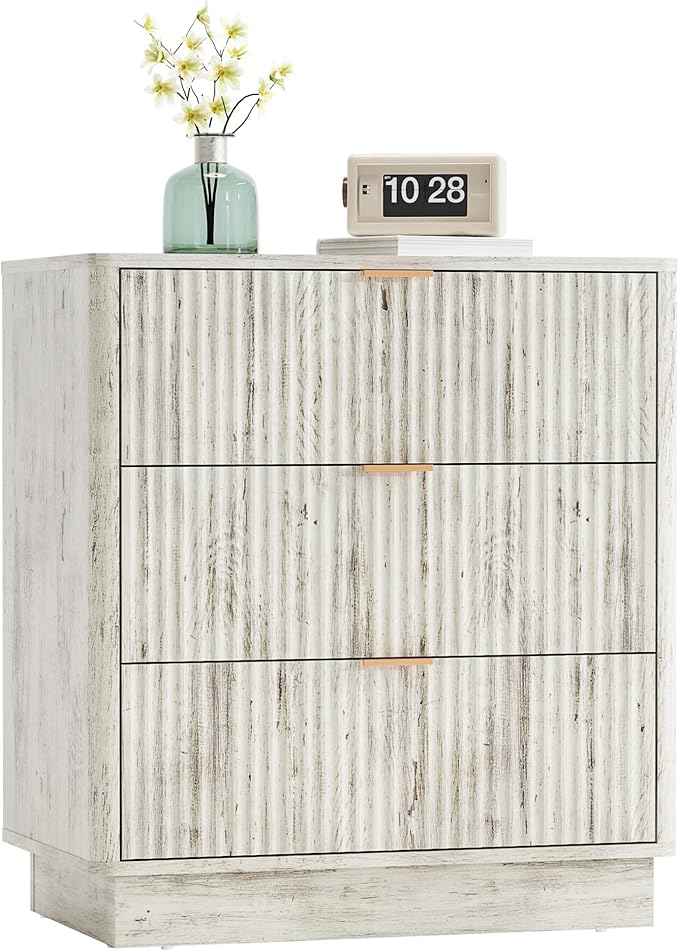 Mid Century Modern 3 Drawer Dresser for Bedroom, Fluted Wood Nightstand with Round Edge Design, Shallow Bedroom Storage for Closet, Living Room (Frosted Oak)