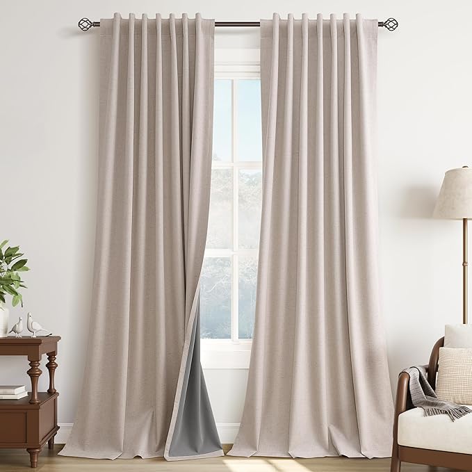 Guken Oatmeal 100% Blackout Linen Curtains for Bedroom 108 Inch Length Hook Belt Textured Neutral Room Darkening Thermal Insulated Soundproof Curtain for Dining Room 2 Panels Set 52x108 9Ft