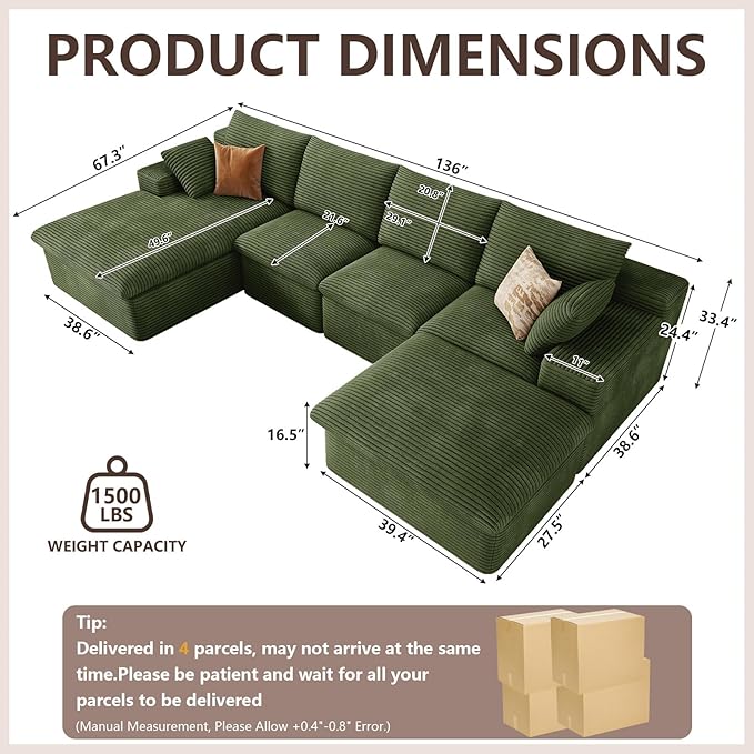 136" Cloud Modular Sectional Sofa with 1 Ottoman, Comfort U Shaped Sofa for Living Room, Deep Seat Boneless Couch, Modern Upholstered Corduroy Couches, No Assembly Required(Green,Left Facing Chaise)