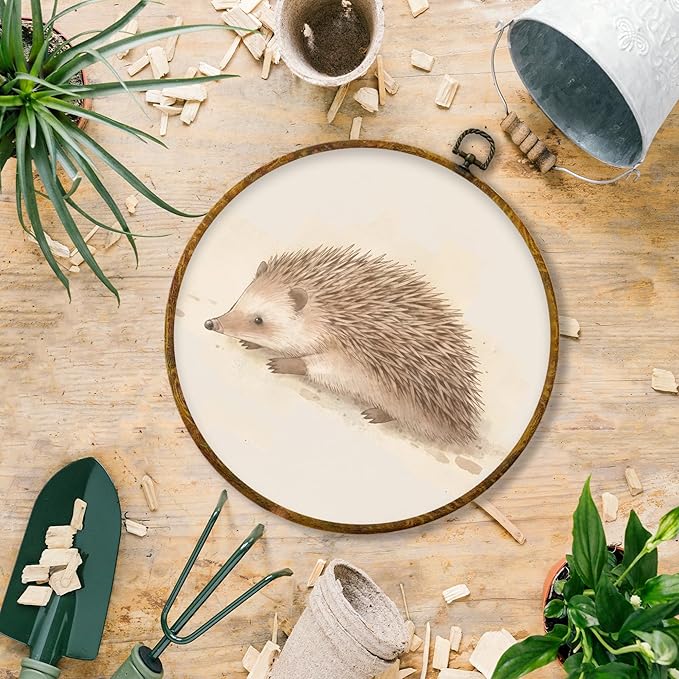 Hiuwevt Hedgehog Round Wall Art Decor, Vintage Jungle Animal Framed Canvas Prints, Neutral Animal Round Wall Hanging Decor for Nursery Bedroom Home Living Room Decorations, 10x10 Inches