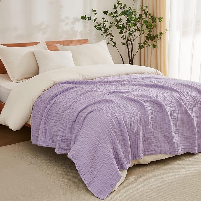 EMME Cotton Blanket Queen Size for Bed Soft Large Muslin Bed Blankets 90"x90" Lightweight Breathable All Season Gauze, Lavender