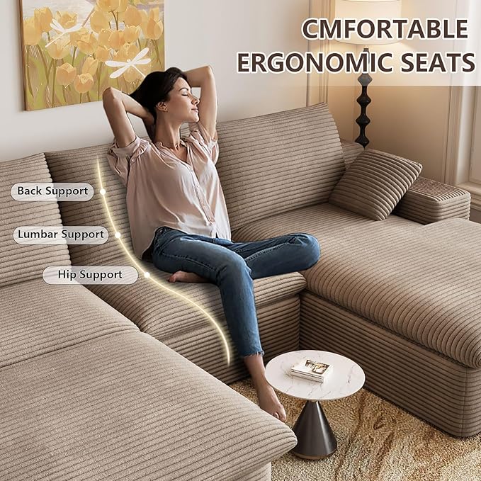107" Cloud Modular Sectional Sofa with 1 Ottoman, Deep Seat Boneless Couch, Modern Upholstered Corduroy Couches, Comfort U Shaped Sofa for Living Room, No Assembly Required(Camel,Right Facing Chaise)