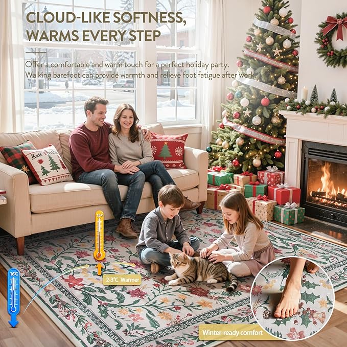 Wonnitar Christmas Rugs for Living Room, Christmas Decor 5x7 Washable Area Rug, Ultra-Thin Red Floral Holly Print Holiday Xmas Decor Non Slip Winter Carpet for Kids Room Bedroom Dining Room