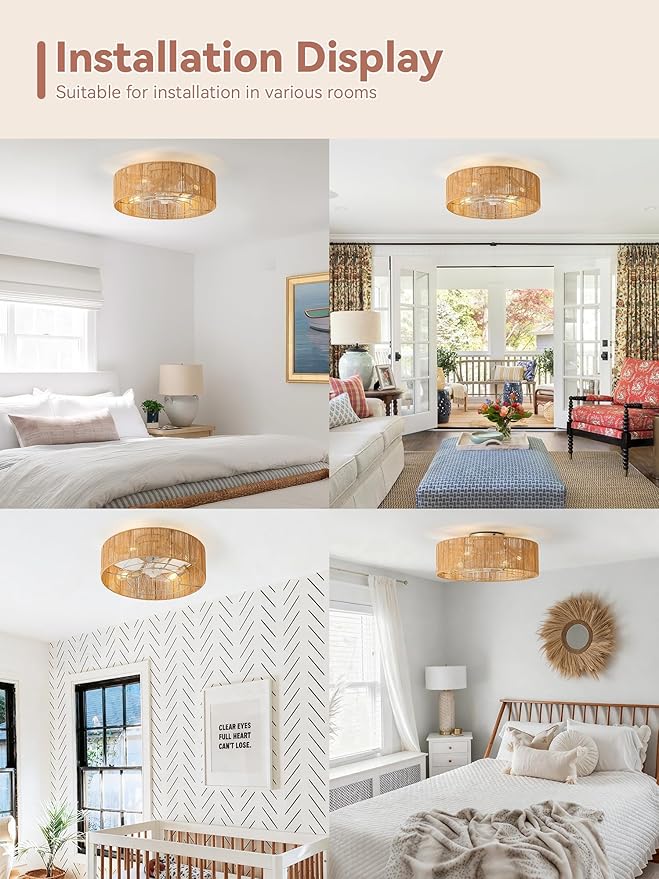 Ceiling Fans with Lights, 20" Boho Ceiling Fan with Light Flush Mount, Drum Rattan Low Profile with 6 Speeds, Remote Control for Bedroom, Nursery, Living Room (Yellow)