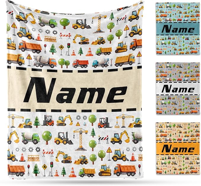 Ship Next Day, Personalized Truck Blanket - Printed in USA, Custom Name Blankets for Kids with Engineering Vehicle, Home Bedding Bed Decor, Fun Birthday Gift for Boys&Girls Women Man