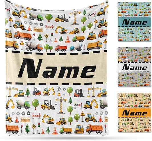 Ship Next Day, Personalized Truck Blanket - Printed in USA, Custom Name Blankets for Kids with Engineering Vehicle, Home Bedding Bed Decor, Fun Birthday Gift for Boys&Girls Women Man