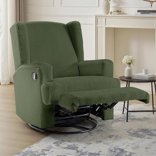 UIXE Swivel Glider Recliner Chair for Adults, Boucle High Back Accent Chair Nursery Rocker for Living Room, Upholstered Manual Reclining Sofa Seating with Deep Seat - Green