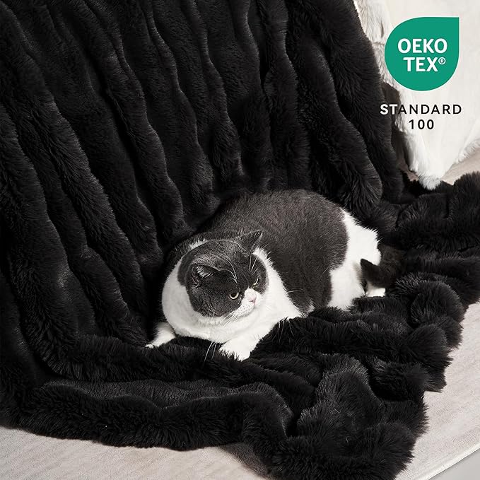 JELLYMONI Plush Duvet Cover Set - Twin Size Black Faux Fur Comforter Cover 2pcs Bedding Set Luxury Ultra Soft Striped Fluffy Duvet Cover with Zipper and 1 Pillowcase (NO Comforter)