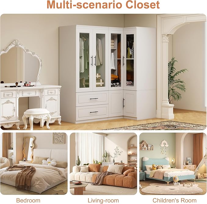 Armoire Wardrobe Closet with 2 Glass Door: White Combination Corner Wood Wardrobe Closet 2 Drawer Wooden Bedroom Armoire with Hanging Rods for Home/Bedroom/Living Room