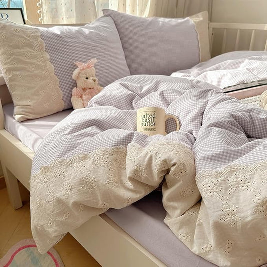 LifeTB Purple Gingham Duvet Cover King Cozy Washed Microfiber Purple Checkered Plaid Duvet Cover with 2 Pillowcases Romantic White Lace Comforter Cover 3 Pieces Gingham Grid Bedding Set