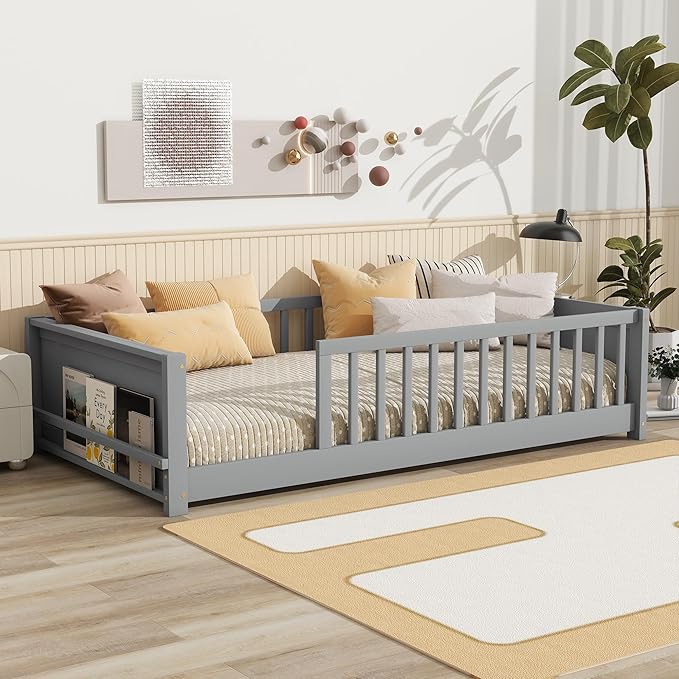 Floor Bed with Rails Twin Size, Wood Montessori Floor Bed with Storage Bookcase, Kids Bed Frame with Fence for Boys Girls, Gray