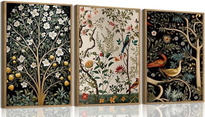 MTFBWY Vintage Botanical Wall Art Set of 3 – Framed Bird and Flower Canvas Modern Art Prints, Nature Tree Triptych Painting, Whimsical Gallery Wall Decor for Living Room Bedroom Office, 16L x 12W