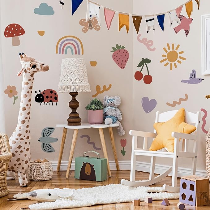 Insect Fruit Wall Decals,Watercolor Doodle Wall Stickers Decor,Peel and Stick Butterfly Mushrooms, Strawberries, Cherries Decals for Kids Bedroom Nursery Playroom Living Room and Bedroom Decoration
