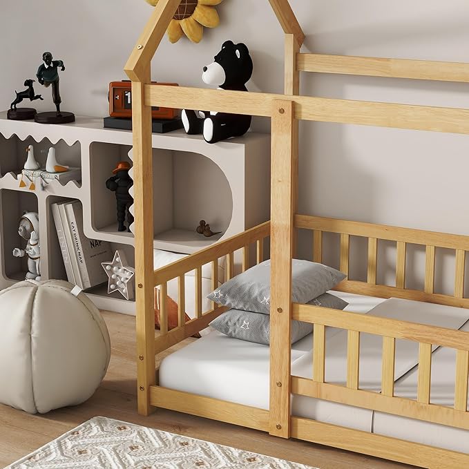 Ball & Cast Twin Size Floor Bed,Montessori Bed with Roof & Safety Guardrails Design,Wooden Toddler House Bed Frame W/Open Door,for Girls Boys,Natural