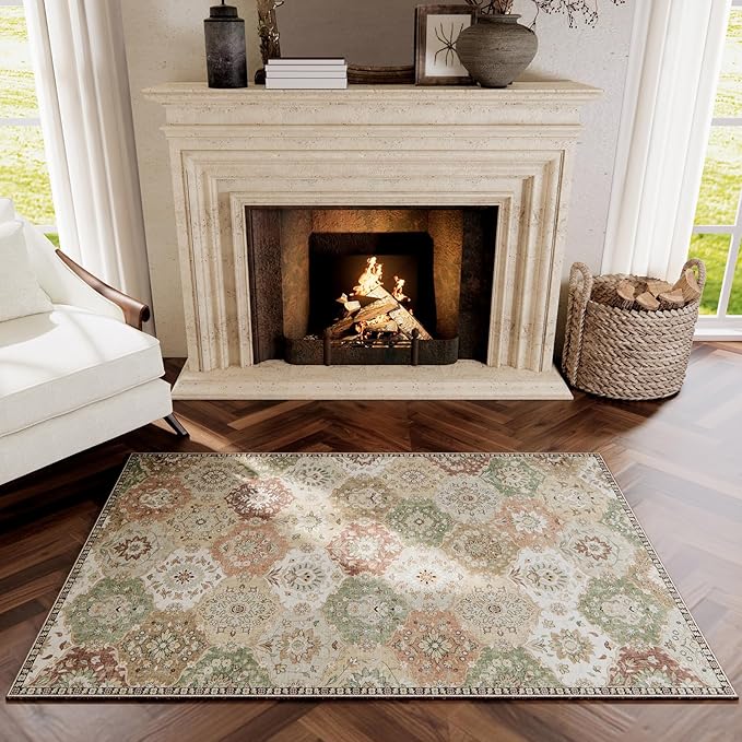 Area Rugs 4x6 Rug for Bedroom, Clearance Washable Area Rug, Non-Slip Lightweight Low Pile Rug for Living Room Dining Room Nursery Room Entryway,Multi/Green