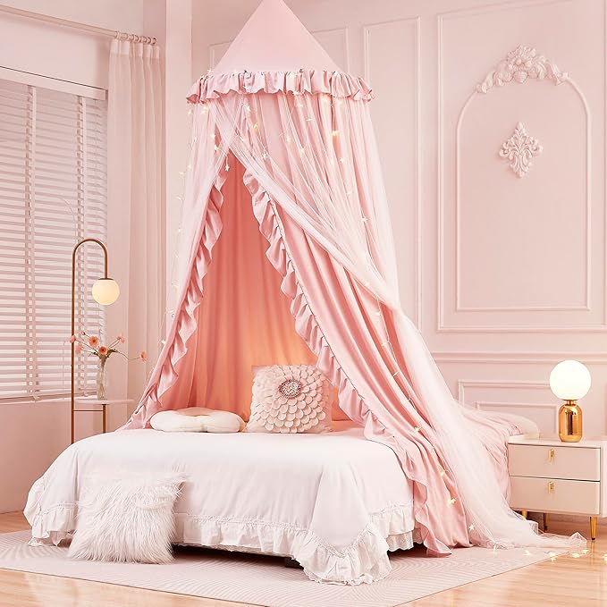 Mengersi Bed Canopy for Girls,Princess Round Dome Canopy Bed Curtains-Dreamy Mosquito Net Castle Play Tent Castle for Girls Room Decor (Beige Pink/Double)