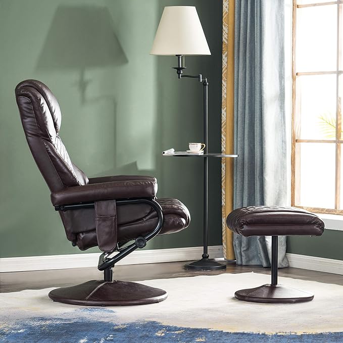 MCombo Recliner with Ottoman, Reclining Chair with Massage, 360 Swivel Living Room Chair Faux Leather, 4901 (Dark Brown)