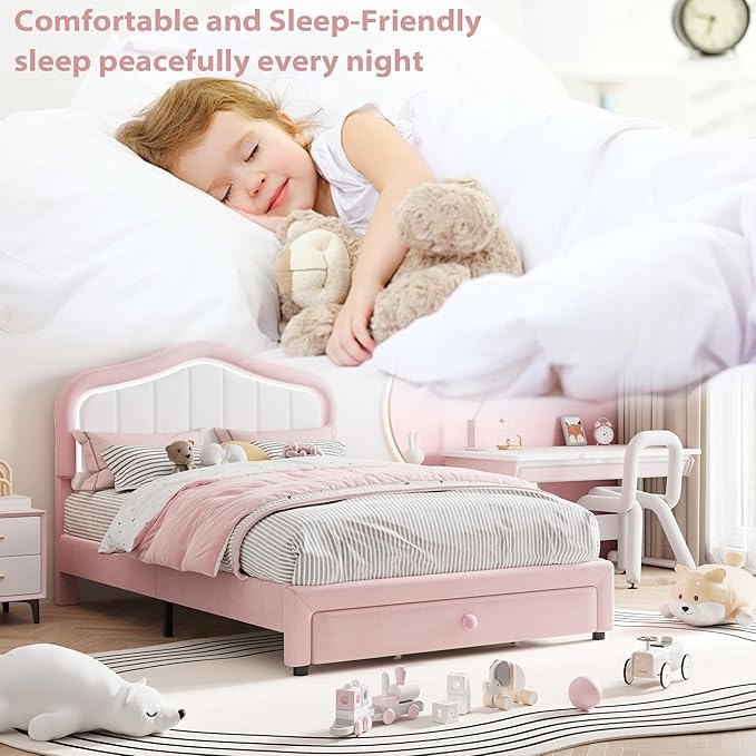 GarveeHome Upholstered Twin Bed Frame with Led Lights and Storage Drawer, Cute Velvet Led Bed Frame with Headboard for Kids, Girls, Boys, No Box Spring Needed, Wooden Slats, Noise Free, Pink