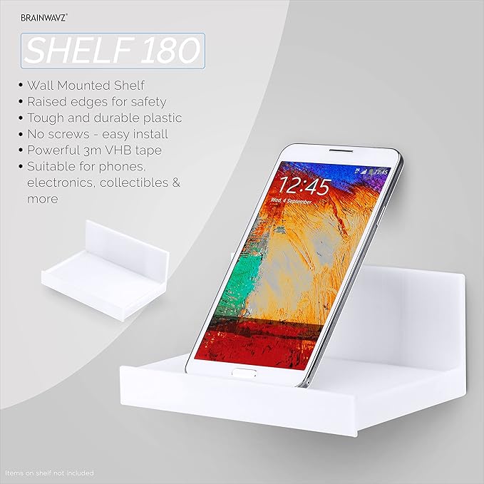 BRAINWAVZ 5.4" Adhesive Small Floating Shelf for Speakers, Books, Plants, Cameras, Toys, Decor & More, Screwless Wall Shelves, Easy to Install (SHELF180, White)