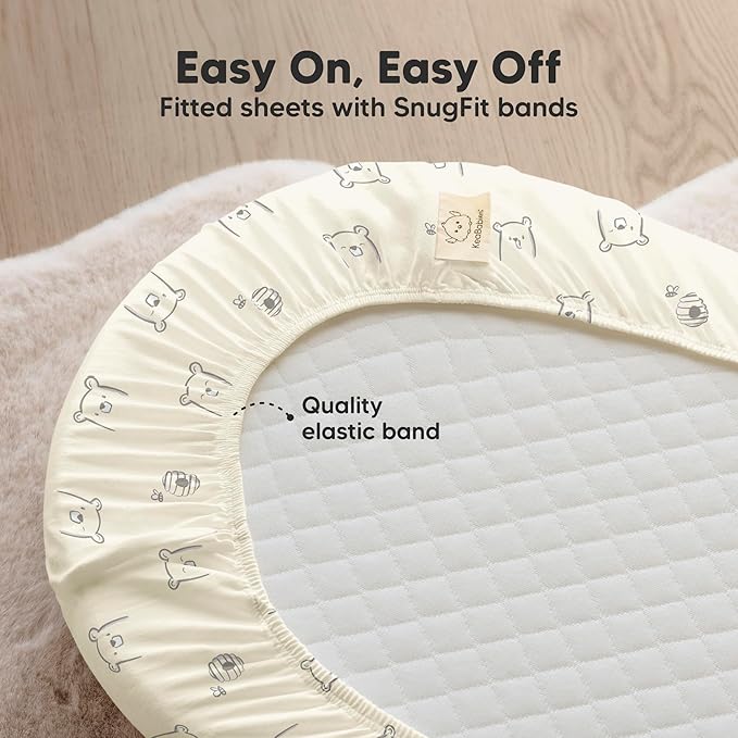 2-Pack Organic Bassinet Sheets for Girls, Boys - 100% Cotton Bassinet Mattress Sheets Compatible with Halo Bassinest Swivel Sleeper, Graco, Baby Delight, Chicco, Fitted Bassinet Sheets (Bumble Bear)