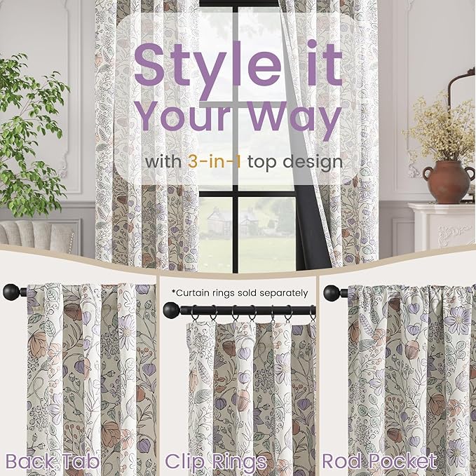 Vangao Purple Nursery Curtains for Girls Room Floral Blackout Dorm Curtains 63 Inch Length Farmhouse Drapes for Bedroom Room Darkening Flower Patterned Window Treatment for Kids Set of 2