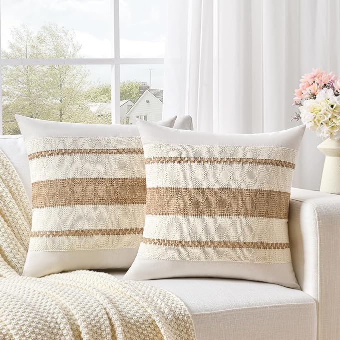 Fancy Homi Set of 2 Boho Neutral Decorative Throw Pillow Cover 16x16 Inch for Couch Bed Sofa, Aesthetic Modern Organic Farmhouse Home Decor, Soft Cotton Cute Accent Macrame Woven Tan Cushion Case