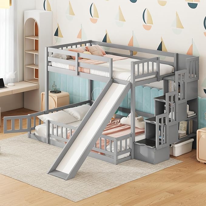Twin Over Full Bunk Bed with Slide, Solid Wood Bunk Bed with Safety Guardrails and Storage Staircase for Kids Teens Boys Girls Bedroom, Space Saving Design (Grey-30c)