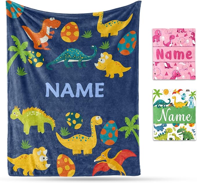 Ship Next Day, Custom Dinosaur Blanket - Printed in USA, Personalized Blankets with Name, Gift for Kids Boys Girls, Unique Present for Birthday, Christmas, Educational Blankets for Children