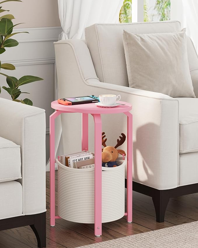 TUTOTAK Small Side Table, Oval End Table, Night Stand, Bedside Table, Set of 2, Sofa Table with Storage Basket, Living Room, Bed Room, Pink TB01BP0932