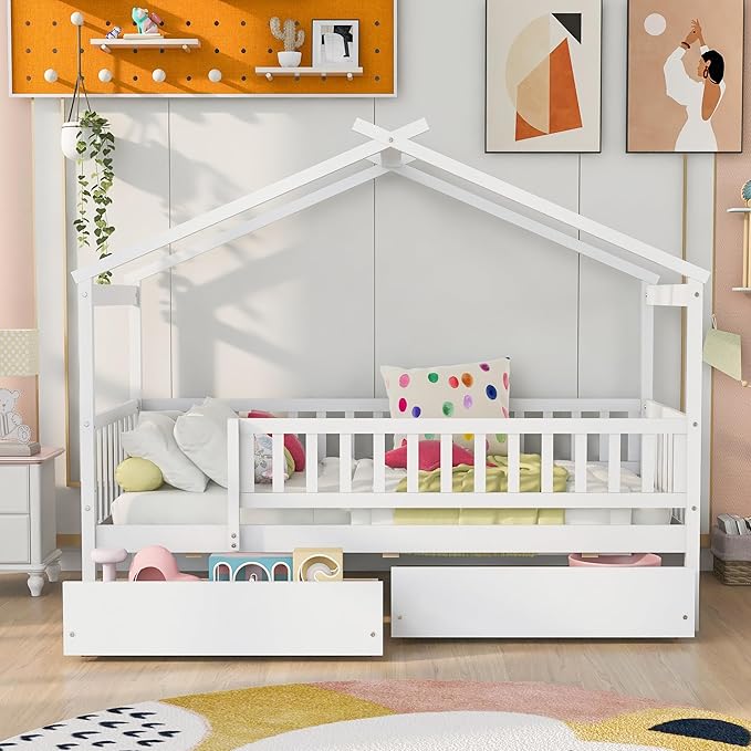 Merax Twin Size Wooden House Bed with Two Drawers, Wood Bed Frame with Roof and Safety Guardrail for Kids, Teens, Boys or Girls, White