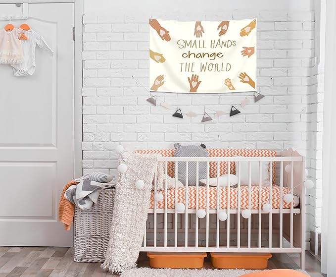 Neutral Rectangular Banner Flag Wall Decor Gift for Baby Boy Girl Kid,Nursery Classroom Homeschool Bedroom Reading Room Playroom-Small Hands Change the World-Baby,Shower Birthday Christmas Gift
