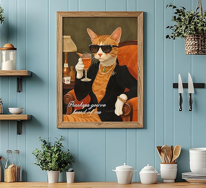 3Pcs Funny Cat Canvas Wall Art Elegant White Black Orange Cat Drinking Cocktail Painting Picture Wall Decor Luxury Feline Poster Print Bar Cart Artwork Decor for Bar Dining Room Bedroom Home Decortion