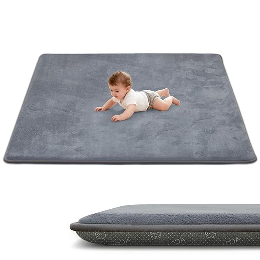 ACOMOPACK 1.3" Thick Baby Play Mat for Floor 59x71-Large Water-Repellent&Non-Slip Memory Foam Mat for Kids,Toddlers,Soft Velvet Nursery Rug for Tummy Time&Crawling,Yoga,Tatami Style(Grey)
