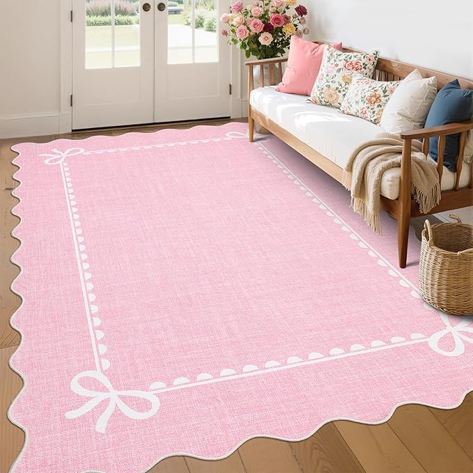 GarveeHome Scalloped Bow Rug for Living Room, Solid Pink Rug for Dorm, Washable Rugs 9x12 Soft Low Pile Non Slip Scalloped Rugs for Nursery College Bedroom Decor Kids Room Playroom