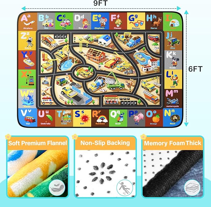 Construction Rug for Boys Room, Car Rugs for Kids Toy Cars,Non-Slip Baby Play Mat Ideal for Driving Toy Cars, Suitable for Daycare, Nursery, Preschool & Home Playroom,6x9FT