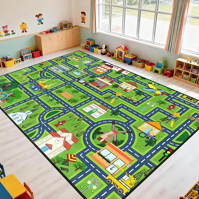 Car Track Rug 8x10 Feet, Kids Play Mat for Boys Room Road Rugs for Playroom Car Play Mat for Toddlers