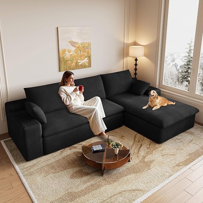 Cloud Sectional Couch,107 Inch Modular Sectional Sofa with Deep Seat, Modern Corduroy Boneless Couches with L-Shape Chaise for Living Room Bedroom, No Assembly Required (Black, Right Facing Chaise)
