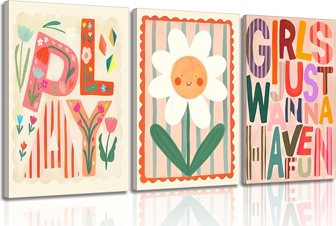 Boho Floral Sun Nursery Wall Art Girls Just Wanna Have Fun Positivity Affirmation Rainbow Print Playroom Classroom Counseling Office wall decor Play Poster for Kids Bedroom, 16x24 Inch, Set of 3