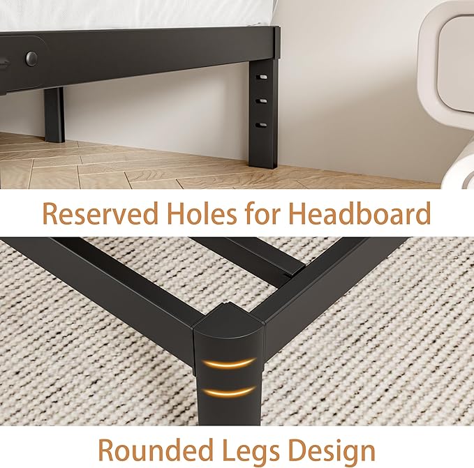 Twin Size Bed Frames 14 Inch, Metal Twin Bed Frame No Box Spring Needed, DIY Headboard Holes, Heavy Duty Steel Support 3500 LBS, Noiseless, Round Corner Leg, Storage Space, Easy Assembly, Black