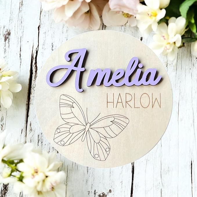 Personalized 3D Butterfly Birth Announcement Sign, Wooden Name sign, Hospital Photo prop Baby Name Reveal, Many font options, 30 Colors(Engraved Minimalist Butterfly)