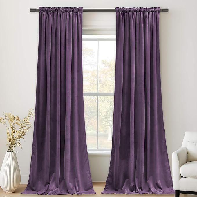 StangH Lavender Velvet Curtains 96 Inches Long, Room Darkening Soft Drapes for Bedroom, Thermal Insulated Window Treatment for Living Room, Rod Pocket Back Tab, W52xL96 inch, 2 Panels