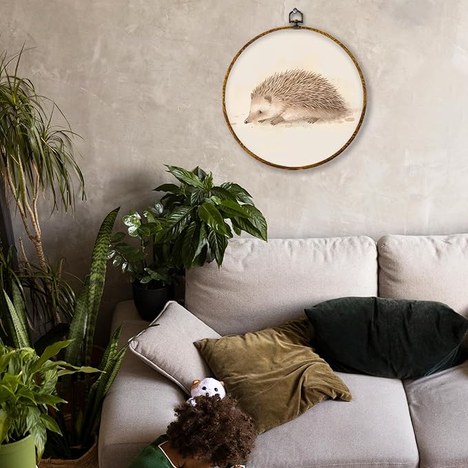Hiuwevt Hedgehog Round Wall Art Decor, Vintage Jungle Animal Framed Canvas Prints, Neutral Animal Round Wall Hanging Decor for Nursery Bedroom Home Living Room Decorations, 10x10 Inches