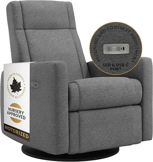 Jaymar Nelly Modern Nursery Chair Glider Recliner with 180° Swivel - Cozy Motorized Reclining Nursing Chair with USB Ports, Gentle Motion, Hybrid Memory Foam, Lumbar Support (Charcoal/Nexus Fabric)