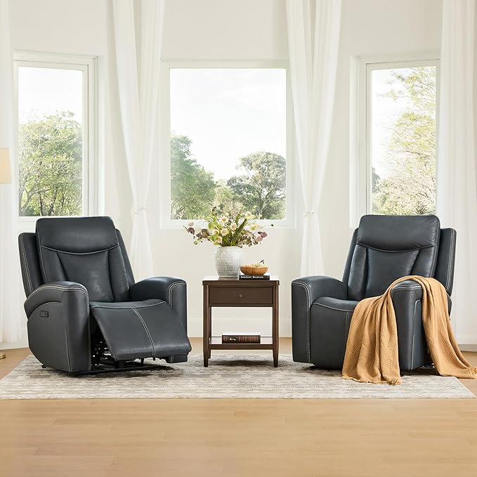 CHITA Genuine Leather Power Recliner Chair for Adults, Super Zero Gravity Recliner with Adjustable Power Headrest & USB/Type-C Ports, for Living Room, Bedroom & Home Theater, Navy Blue