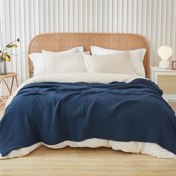 EMME Cotton Muslin King Blanket Big Oversized Bed Layering Bedspread Coverlet Breathable Gauze Soft Lightweight Blankets (Navy, 120"x94")