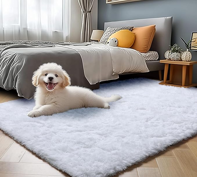 ONASAR White Rugs for Bedroom, 3x5 Fluffy Shaggy Bedside Area Rug, Washable Soft Plush Shag Small Floor Carpet for Preppy Dorm Nursery Living Room Teen Kids Girls Boys Baby Toddler Indoor Home Decor