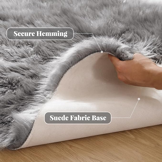 Silver Grey Furry Washable Faux Shaggy Fur Rugs for Living Room Small Circle Fluffy Sheepskin Fur Rug for Nursery Round Rug 5ft