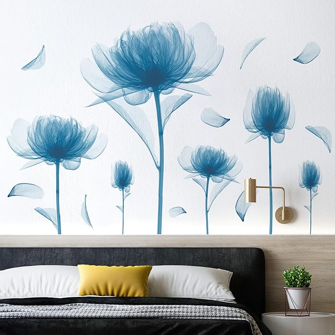 6 PCS Blue Lotus Blossom Floral Wall Stickers Romantic Painting Art Decor Flowers Bud Wall Decals Vinyl Removable Peel and Stick for Living Room Nursery Room Bedroom Office Bathroom Wall Decoration
